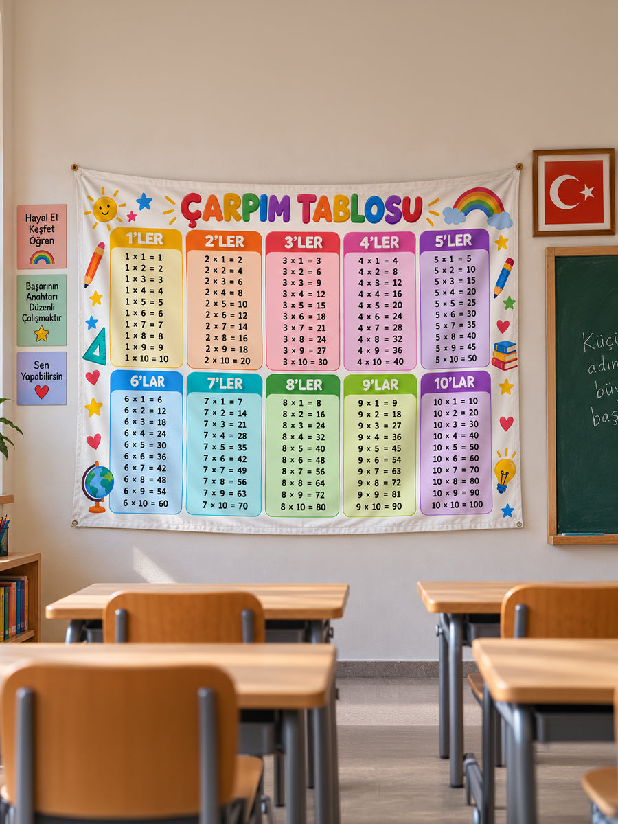 Renkli Çarpım Tablosu Eğitici Sınıf Duvar Örtüsü – İlkokul Matematik Posteri 70x110cm