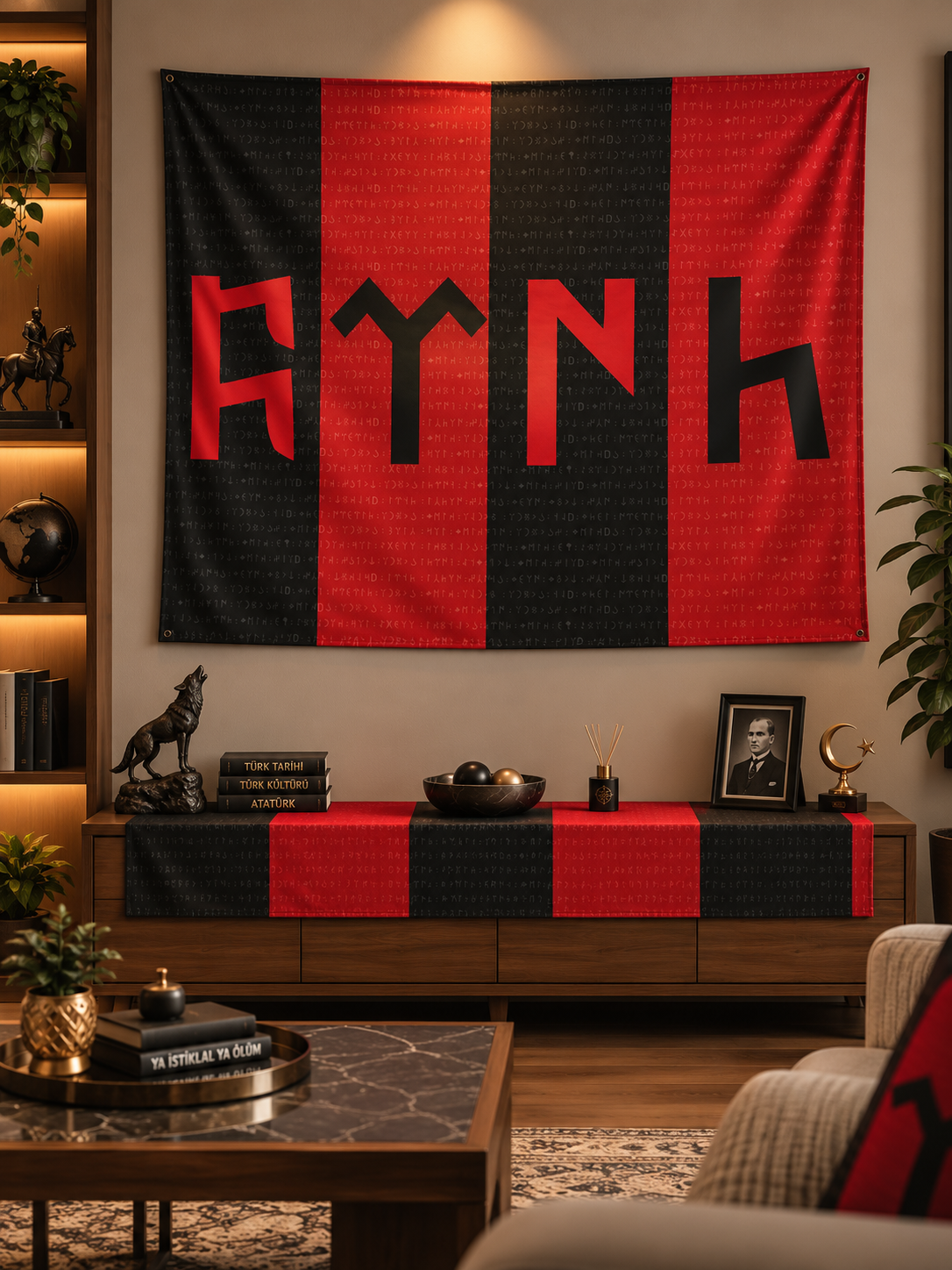 Siyah Kırmızı Temalı Göktürkçe Türk Duvar Örtüsü | Orhun Yazıtlı
