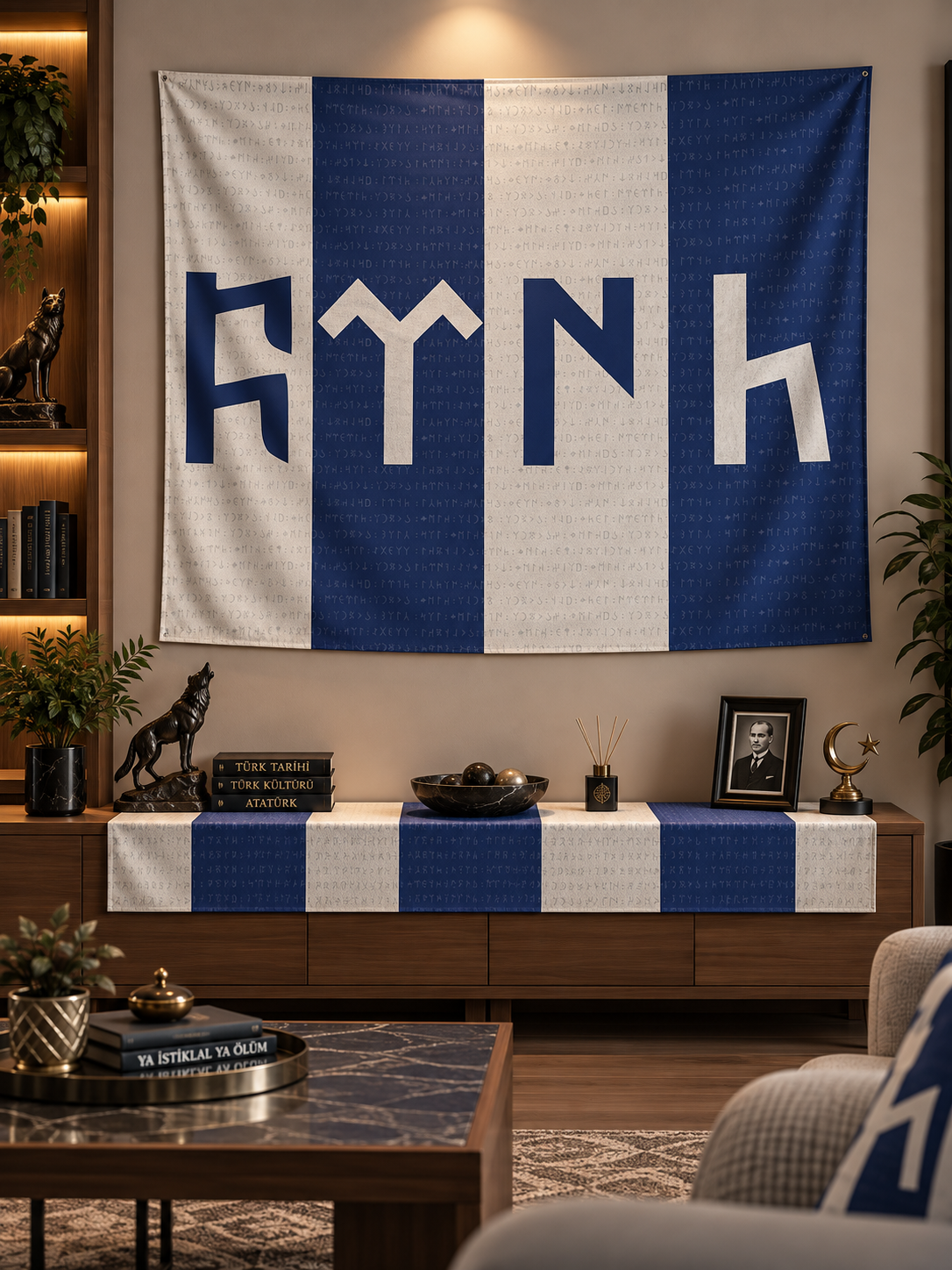 Mavi Beyaz Temalı Göktürkçe Türk Duvar Örtüsü | Orhun Yazıtlı