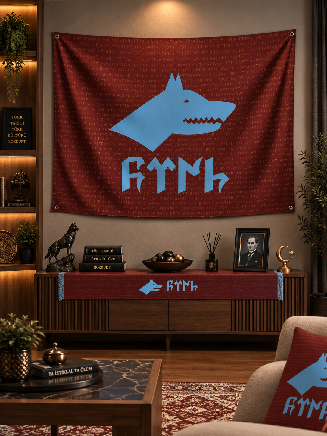 Bordo – Mavi Göktürk Bozkurt Duvar Örtüsü