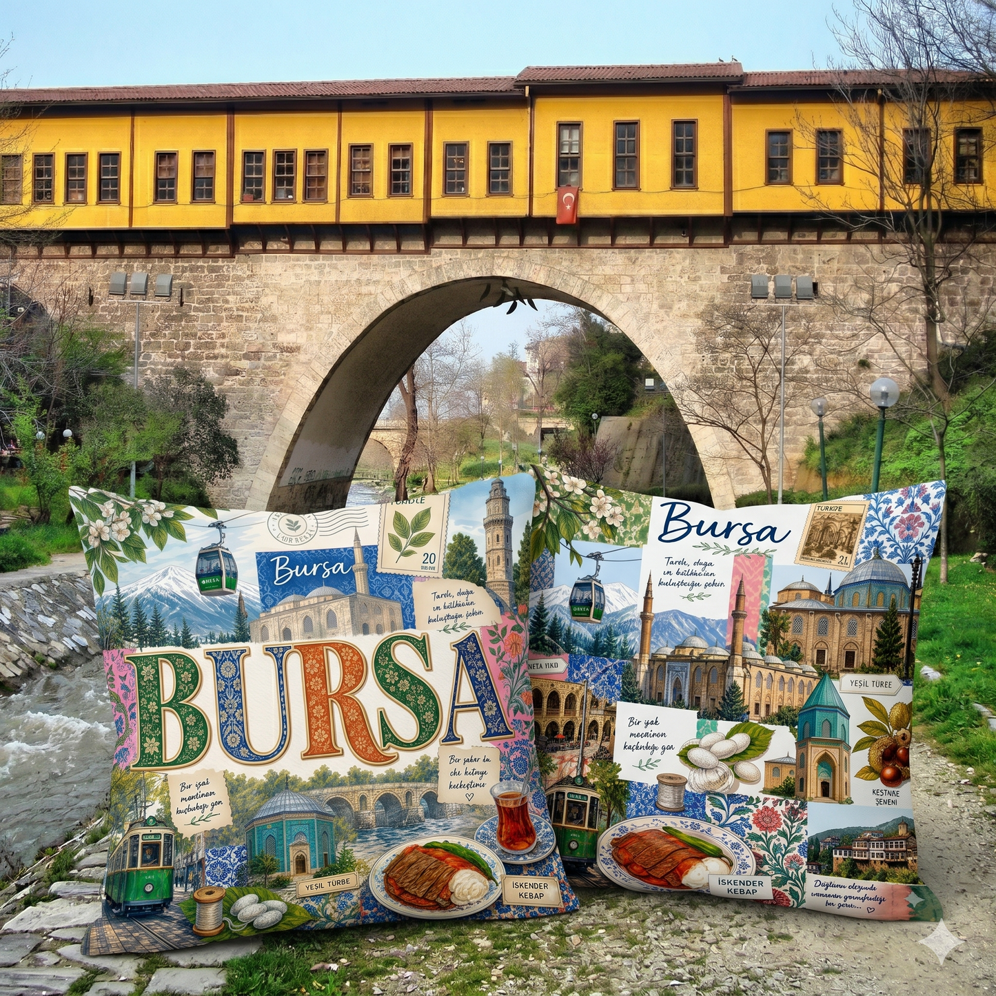 2’li Set Bursa Konseptli Kırlent Kılıfı 43x43 cm – Dekoratif, Fermuarlı, Özel Tasarım