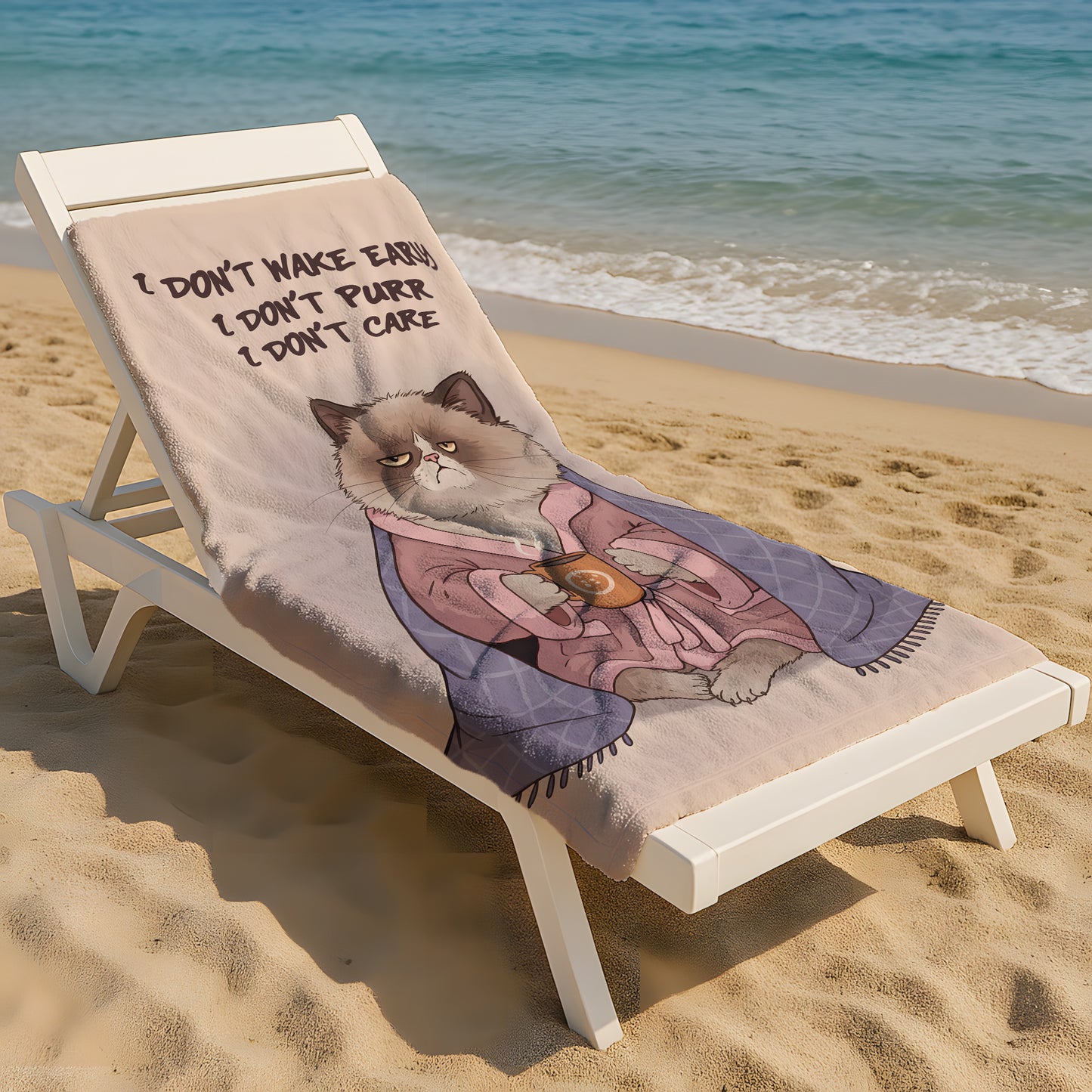 Komik Kedi Temalı Plaj Havlusu – I Don’t Care Yazılı Mizahi Tasarım