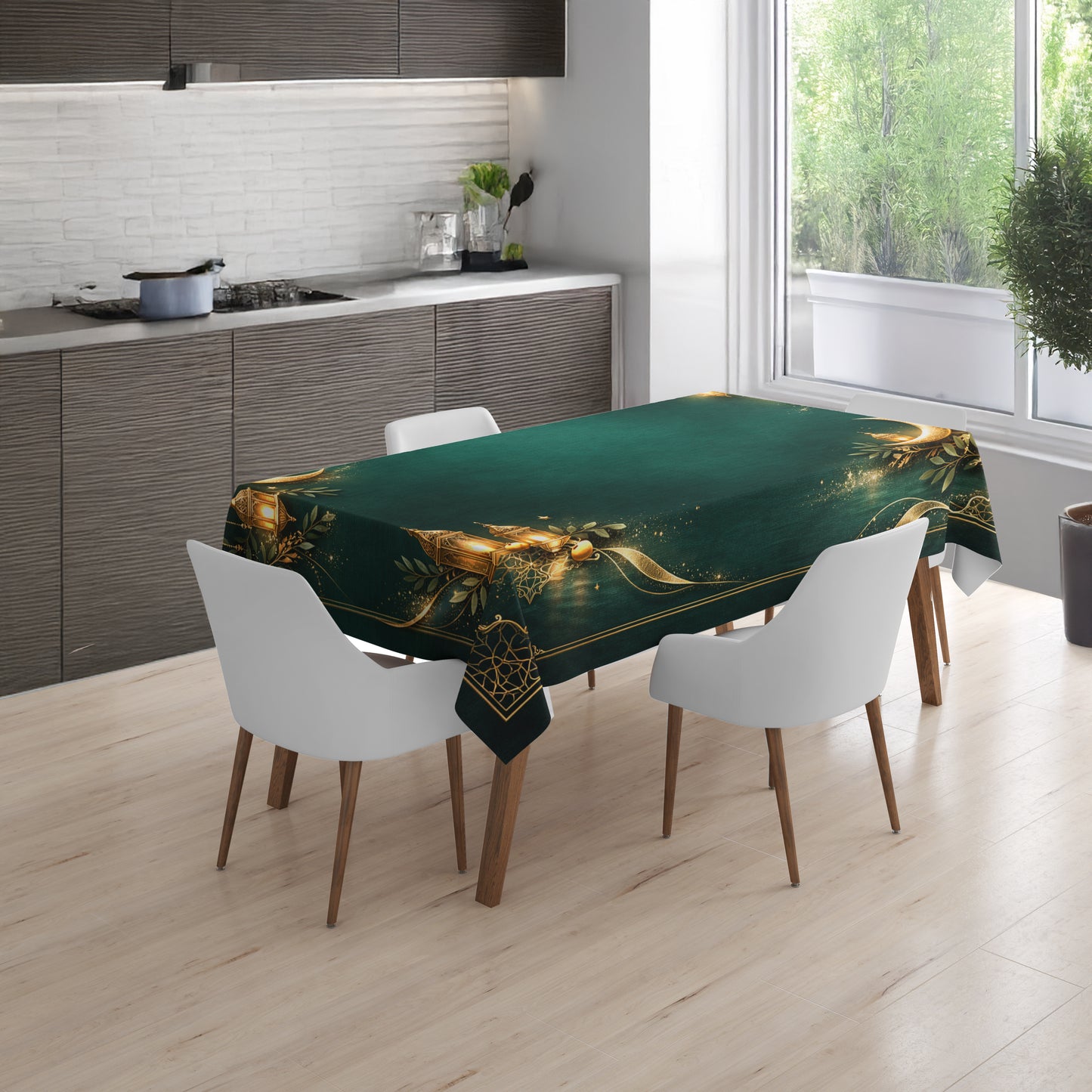 Gold Detaylı Zümrüt Konseptli Masa Örtüsü 150x220 cm – Silinebilir & Leke Tutmaz – Yakma Kenar