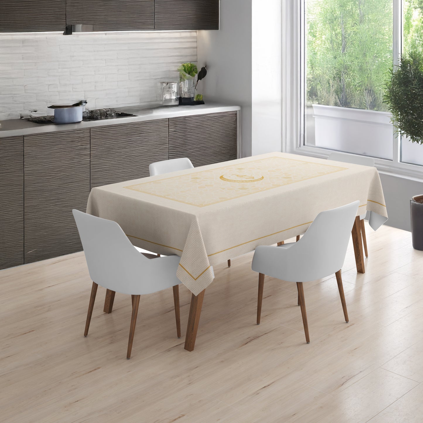 Krem Konseptli Masa Örtüsü 150x220 cm – Silinebilir & Leke Tutmaz – Yakma Kenar