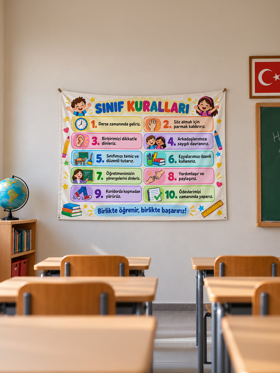 Sınıf Kuralları Eğitici Duvar Örtüsü – İlkokul ve Anaokulu Sınıf Posteri 70x110cm