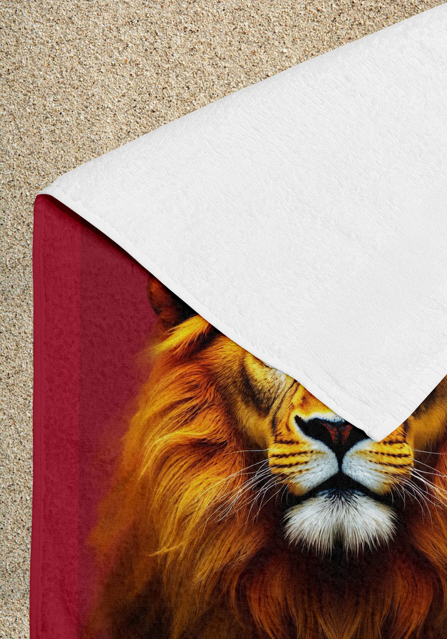 Aslan Temalı Sarı Kırmızı Plaj Havlusu – Güçlü ve Cesur Yaz Tasarımı