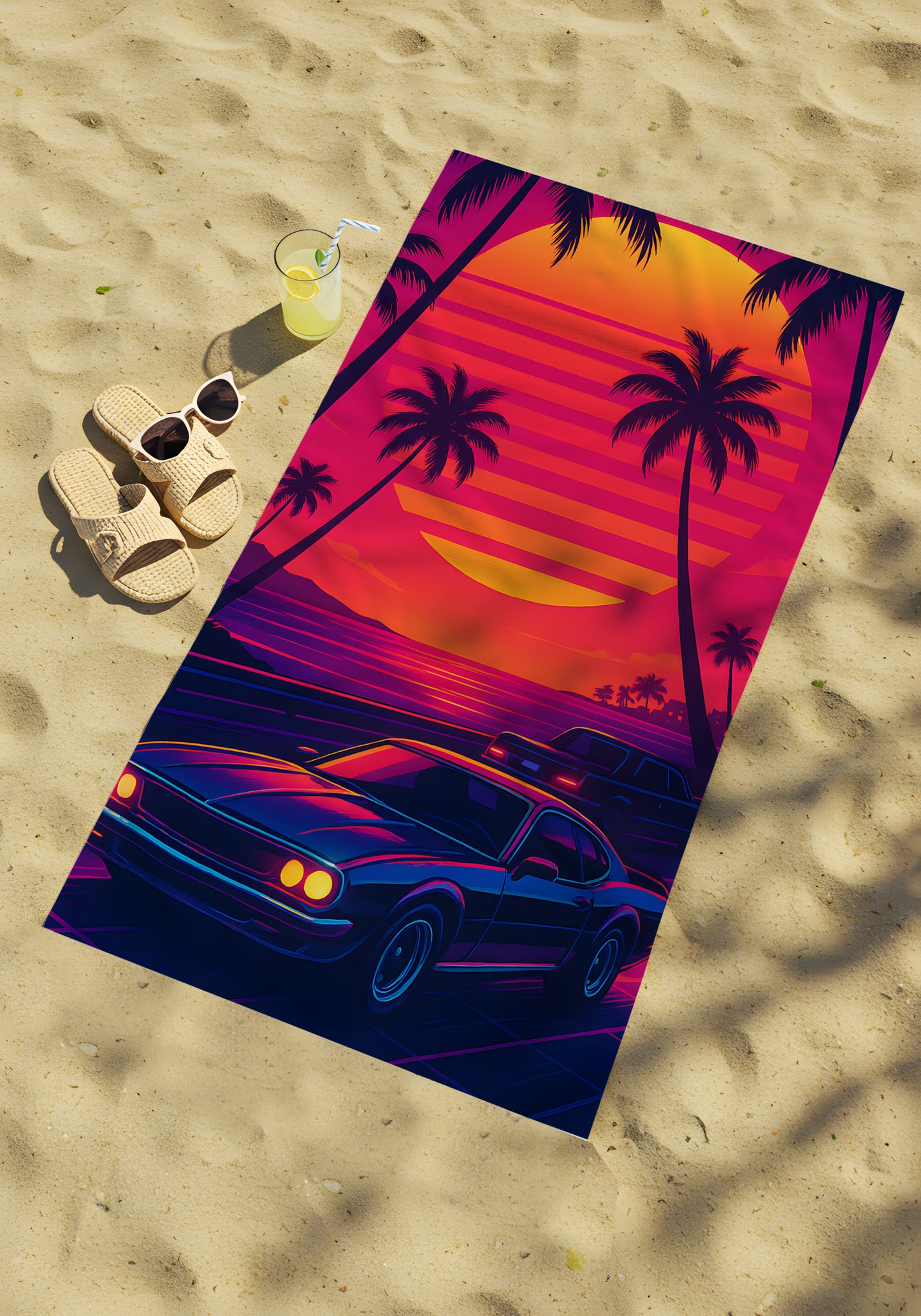 Retro Sunset Palmiye ve Araba Desenli Plaj Havlusu – Neon Yaz Teması