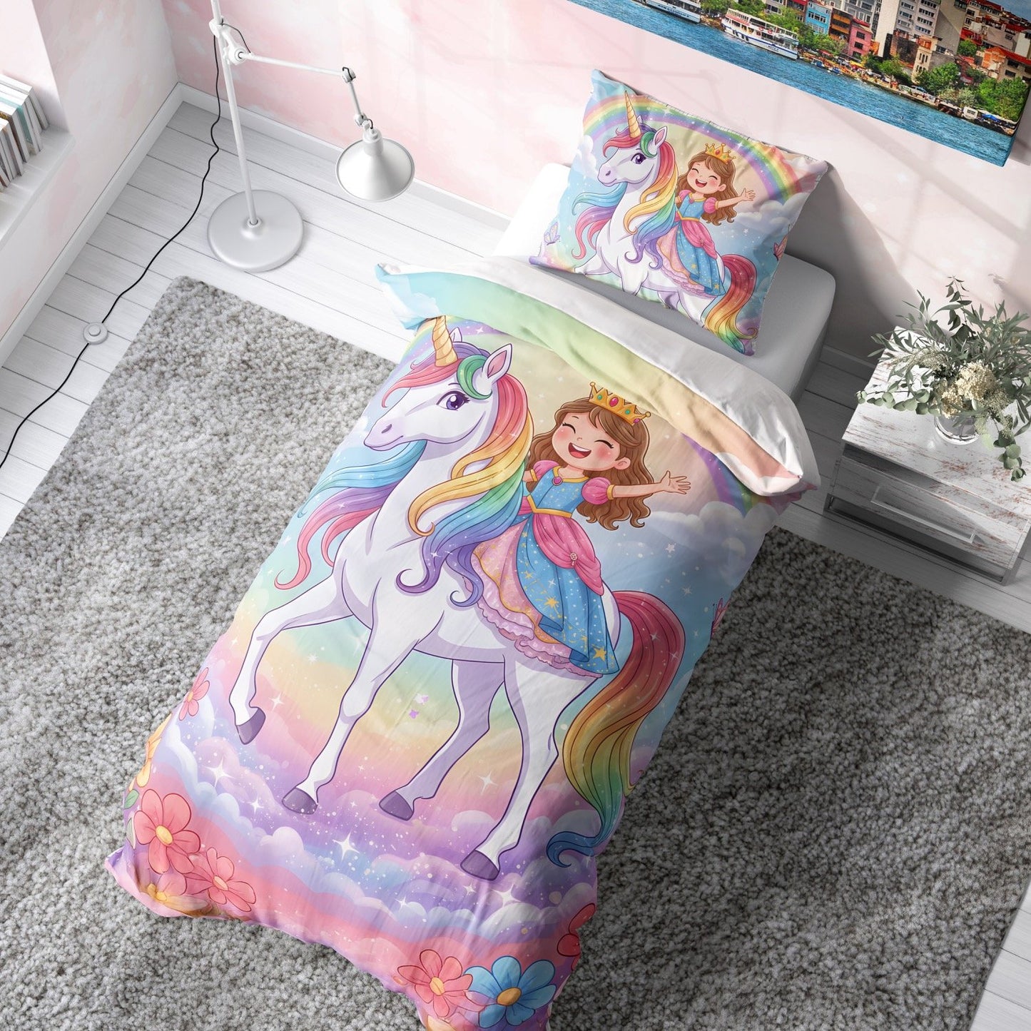 Unicorn Üstündeki Prenses Çocuk Nevresim Takımı (Çarşafsız)