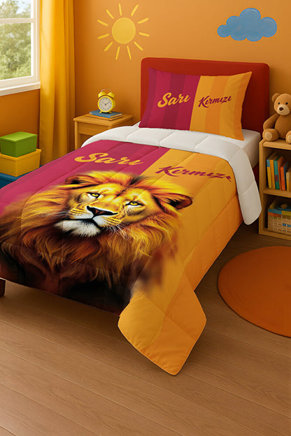 Sarı Kırmızı Aslanlı Tek Kişilik Yorgan ve Yastık Kılıfı