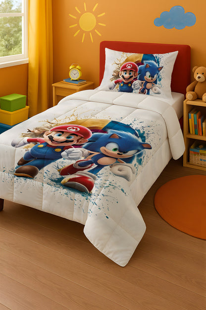 Mario Sonic Tek Kişilik Yorgan ve Yastık Kılıfı