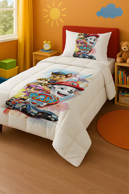 Paw Petrol Beyaz Tek Kişilik Yorgan ve Yastık Kılıfı