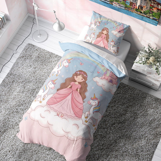 Prenses ve Unicorn Temalı Çocuk Nevresim Takımı (Çarşafsız)