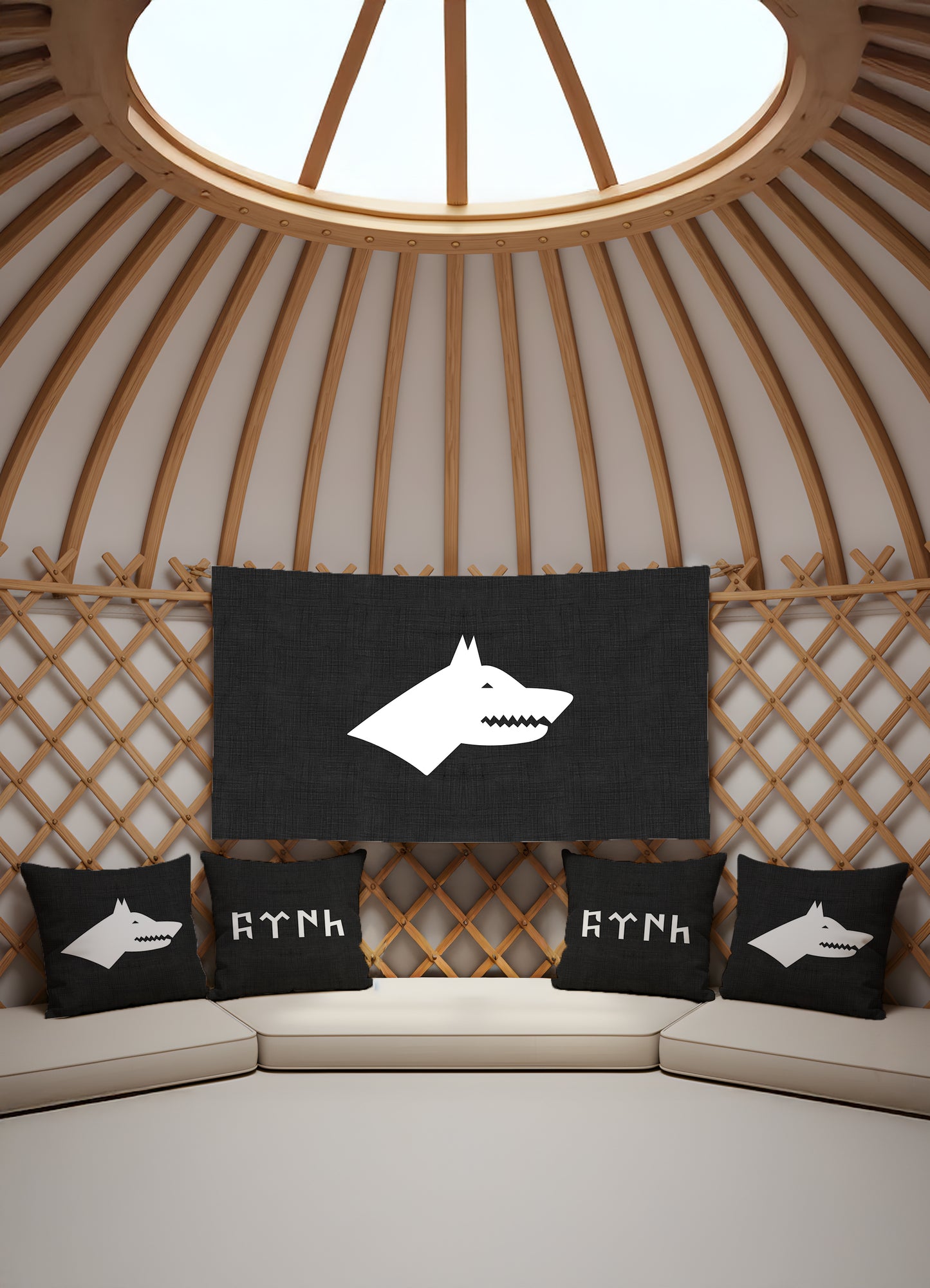 Kara Sancak – 4 Kırlent Kılıfı + 1 Duvar Örtüsü