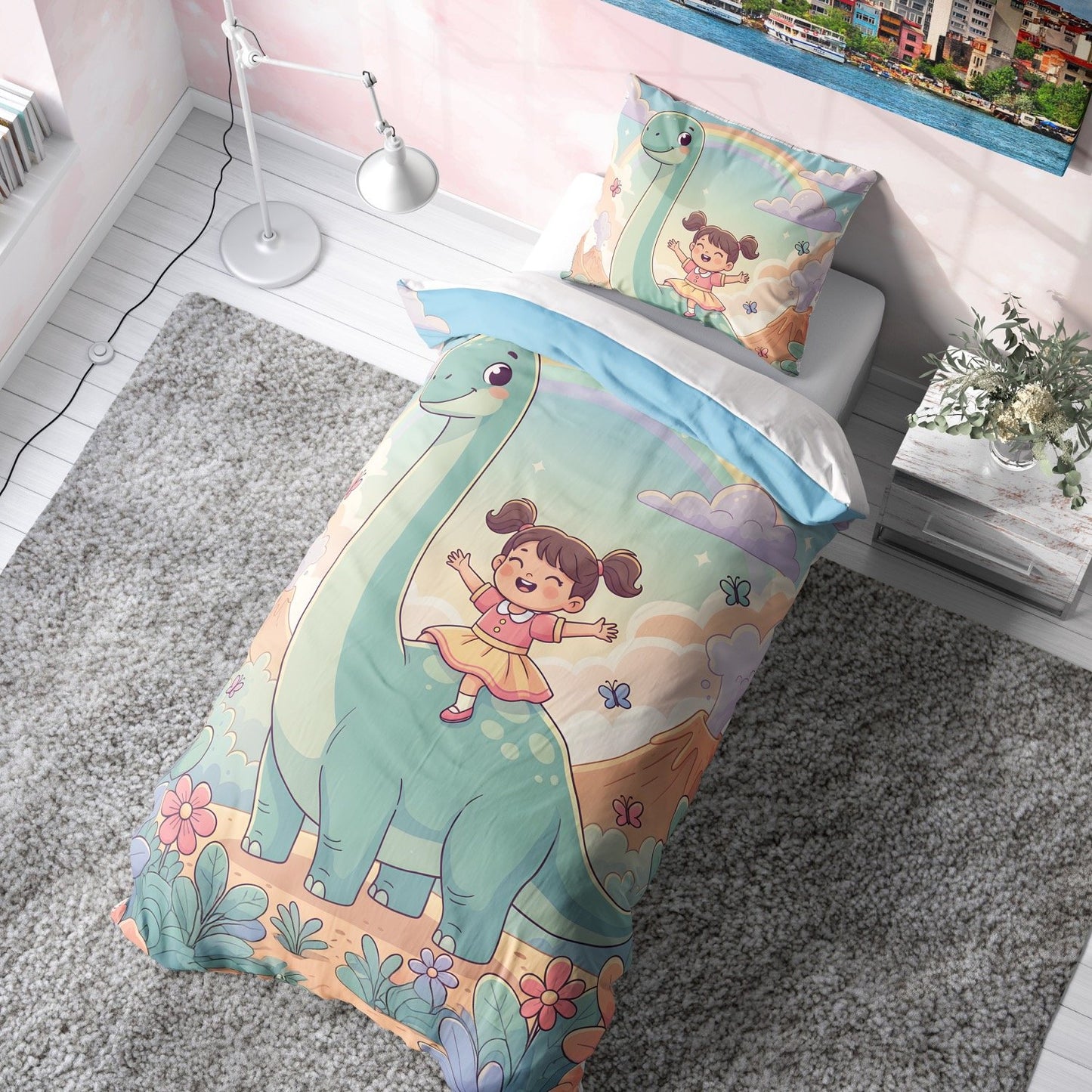 Sevimli Dino ve Kız Çocuk Nevresim Takımı (Çarşafsız)