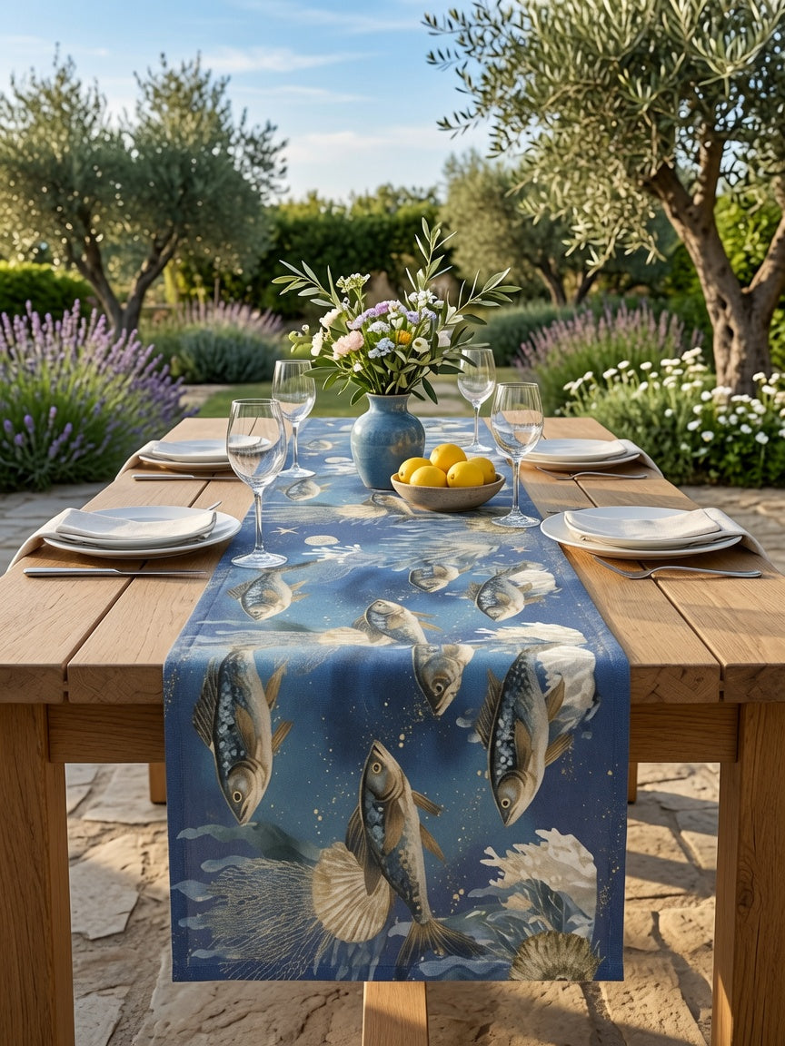 Derin Deniz Balıkları Desenli Masa Runnerı 40x180 cm