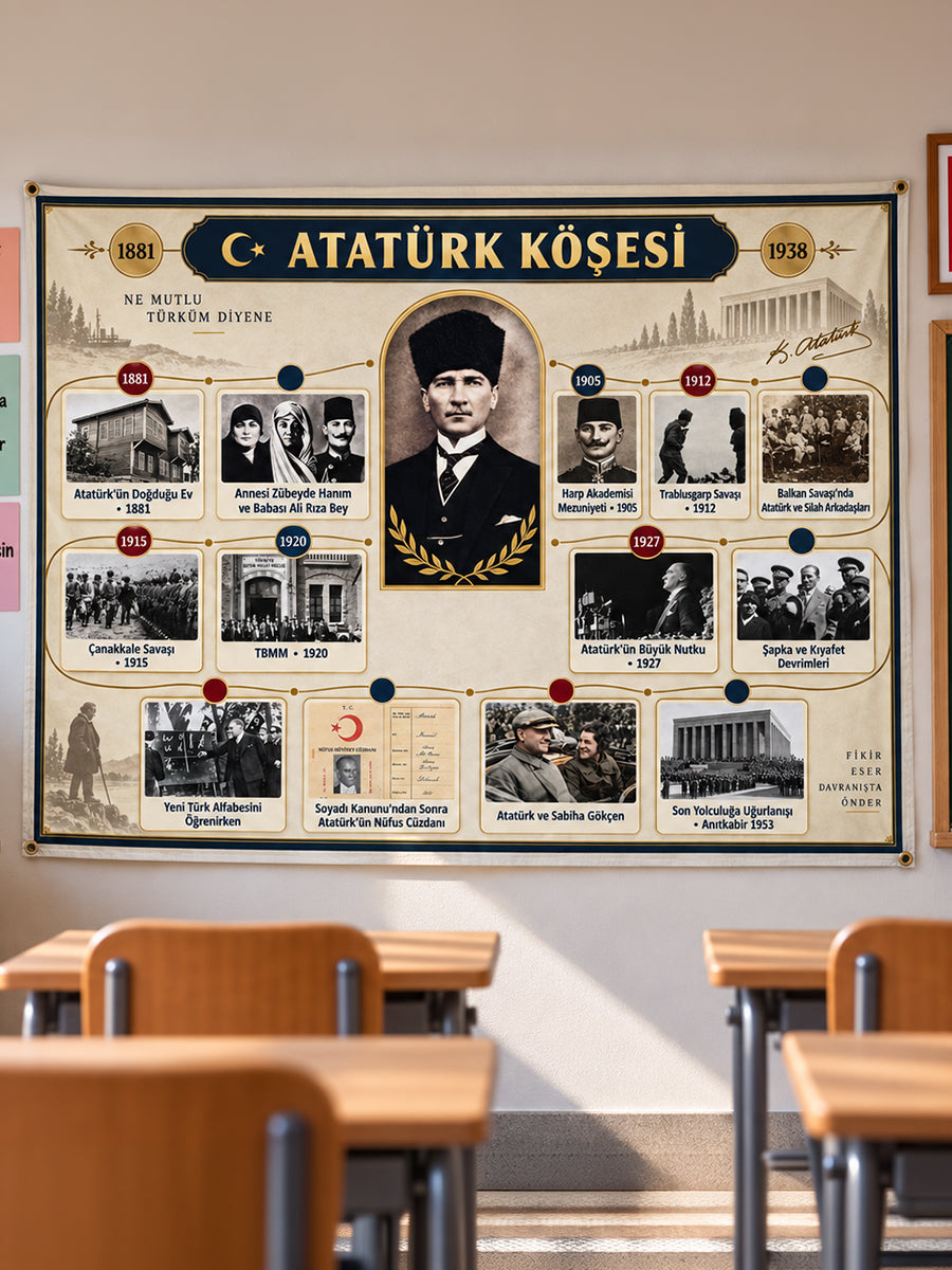 Atatürk Köşesi Eğitici Sınıf Duvar Örtüsü – Atatürk’ün Hayatı ve Kronolojisi 70x110cm