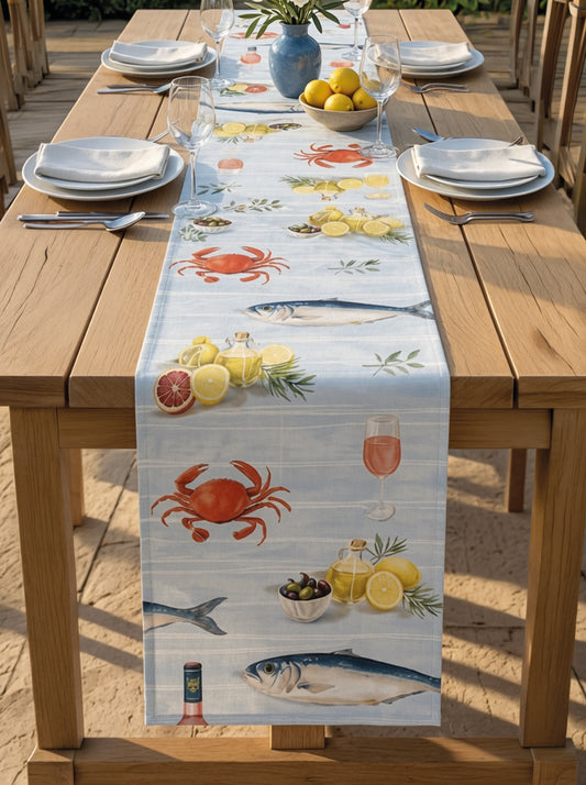 Yengeç ve Balık Desenli Akdeniz Masa Runnerı 40x180 cm