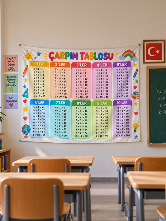Renkli Çarpım Tablosu Eğitici Sınıf Duvar Örtüsü – İlkokul Matematik Posteri 70x110cm