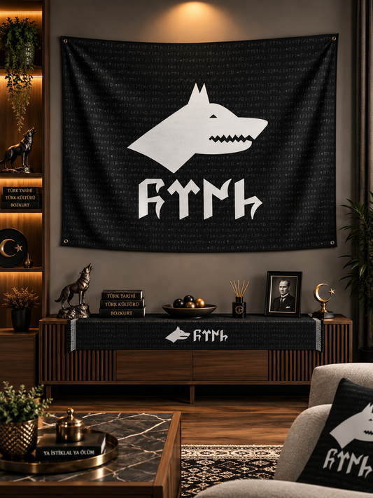 Siyah – Beyaz Göktürk Bozkurt Duvar Örtüsü