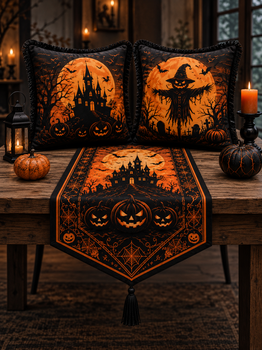 Halloween Özel 3’lü Dekoratif Set – 2 Saçaklı Kırlent Kılıfı & Püsküllü Runner