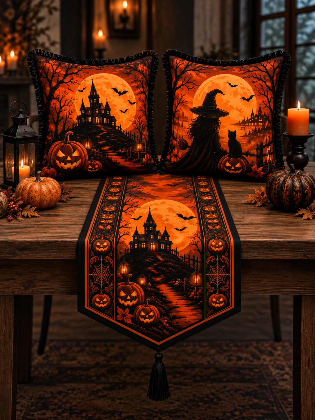 Halloween Büyülü Gece 3’lü Dekoratif Set – 2 Saçaklı Kırlent Kılıfı & Püsküllü Runner 🎃