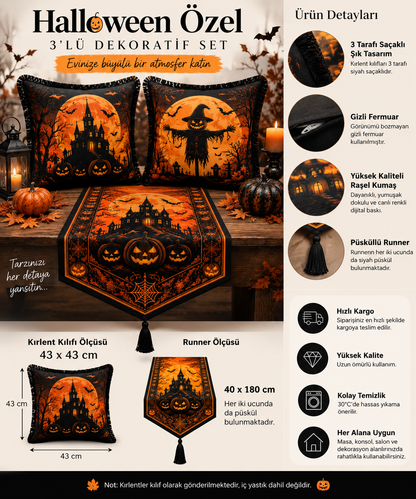Halloween Özel 3’lü Dekoratif Set – 2 Saçaklı Kırlent Kılıfı & Püsküllü Runner