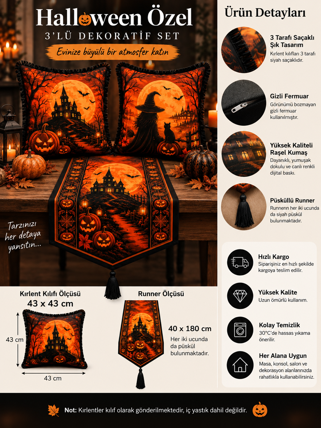 Halloween Büyülü Gece 3’lü Dekoratif Set – 2 Saçaklı Kırlent Kılıfı & Püsküllü Runner 🎃