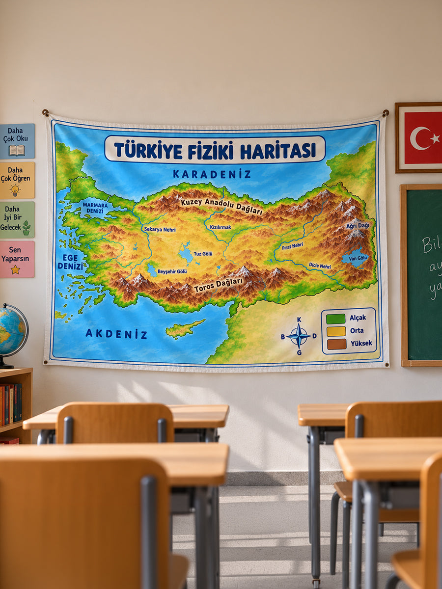 Türkiye Fiziki Haritası Eğitici Sınıf Duvar Örtüsü – Dağlar, Nehirler ve Göller 70x110cm