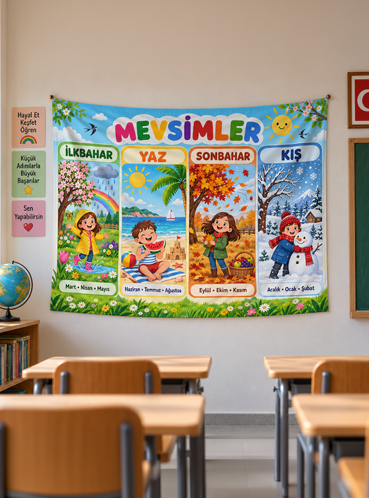 Dört Mevsim Eğitici Sınıf Duvar Örtüsü – İlkbahar Yaz Sonbahar Kış Posteri 70x110cm