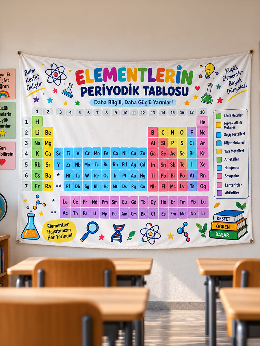 Elementlerin Periyodik Tablosu Eğitici Sınıf Duvar Örtüsü – Kimya Posteri 70x110cm