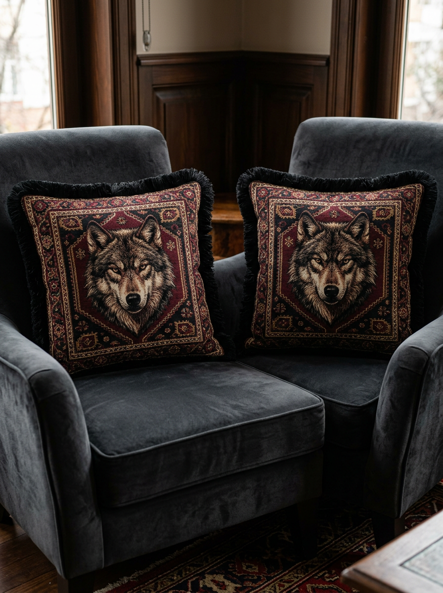 Bozkurt Motifli Saçaklı Kırlent Kılıfı 2’li Set – 43 × 43 cm