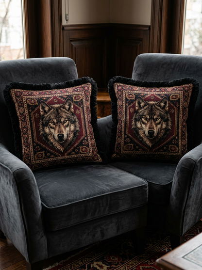 Bozkurt Motifli Saçaklı Kırlent Kılıfı 2’li Set – 43 × 43 cm