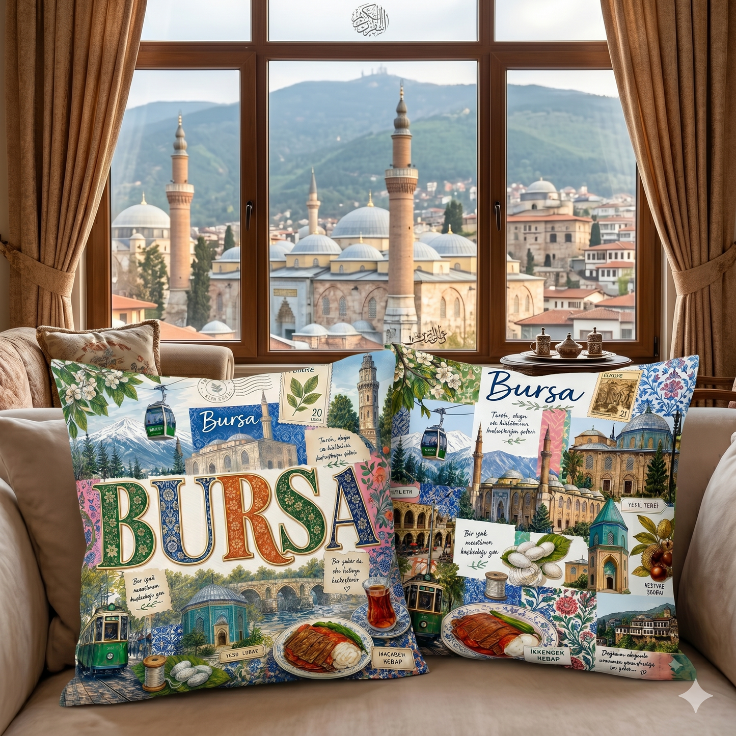 2’li Set Bursa Konseptli Kırlent Kılıfı 43x43 cm – Dekoratif, Fermuarlı, Özel Tasarım