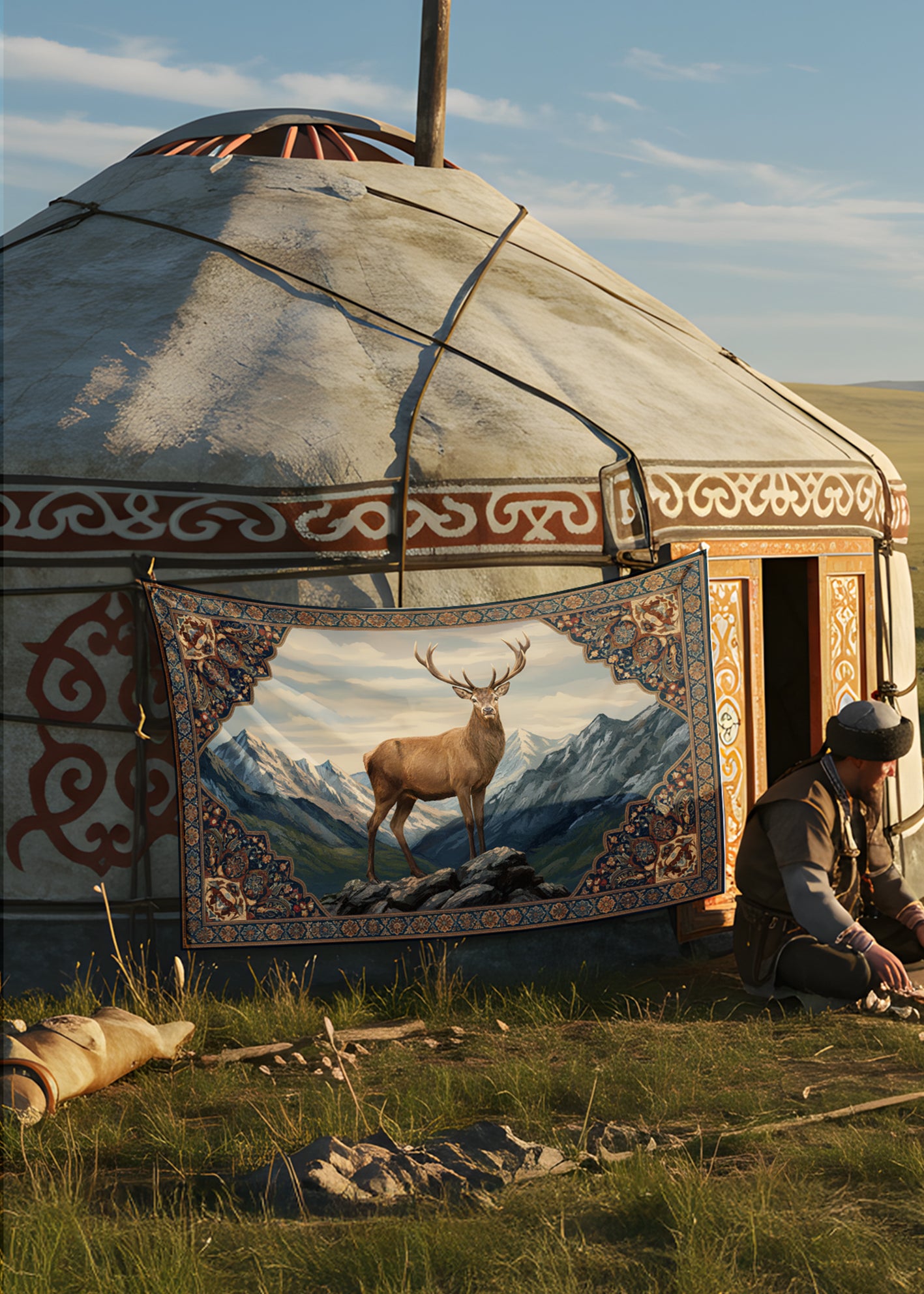 Dağların Sessiz Hakimi – Geyik Figürlü Dekoratif Duvar Örtüsü