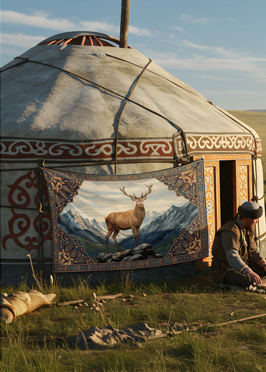 Dağların Sessiz Hakimi – Geyik Figürlü Dekoratif Duvar Örtüsü