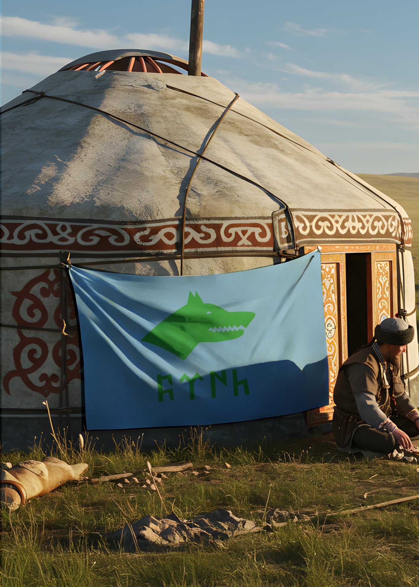 Göktürkçe Türk Yazılı Göktürk Bayrağı Bozkurt Sembollü Türk Kültürü Duvar Örtüsü