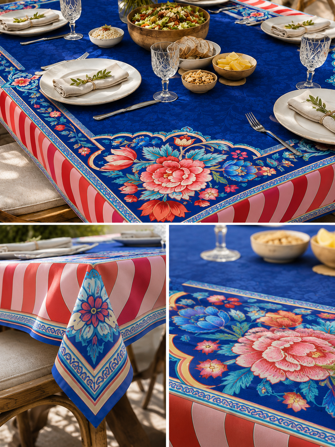 Floral Mavi Premium Masa Örtüsü | Klasik Çiçek Desenli