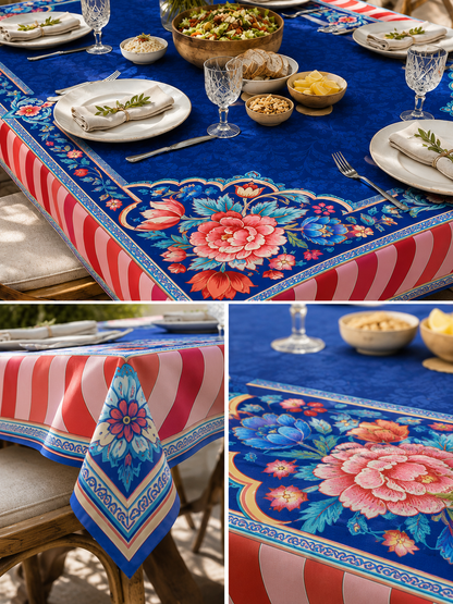 Floral Mavi Premium Masa Örtüsü | Klasik Çiçek Desenli