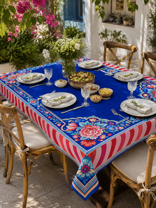 Floral Mavi Premium Masa Örtüsü | Klasik Çiçek Desenli
