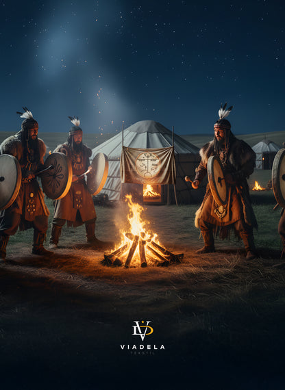 Antik Türk Kam Şaman Davulu Desenli Dekoratif Duvar Örtüsü