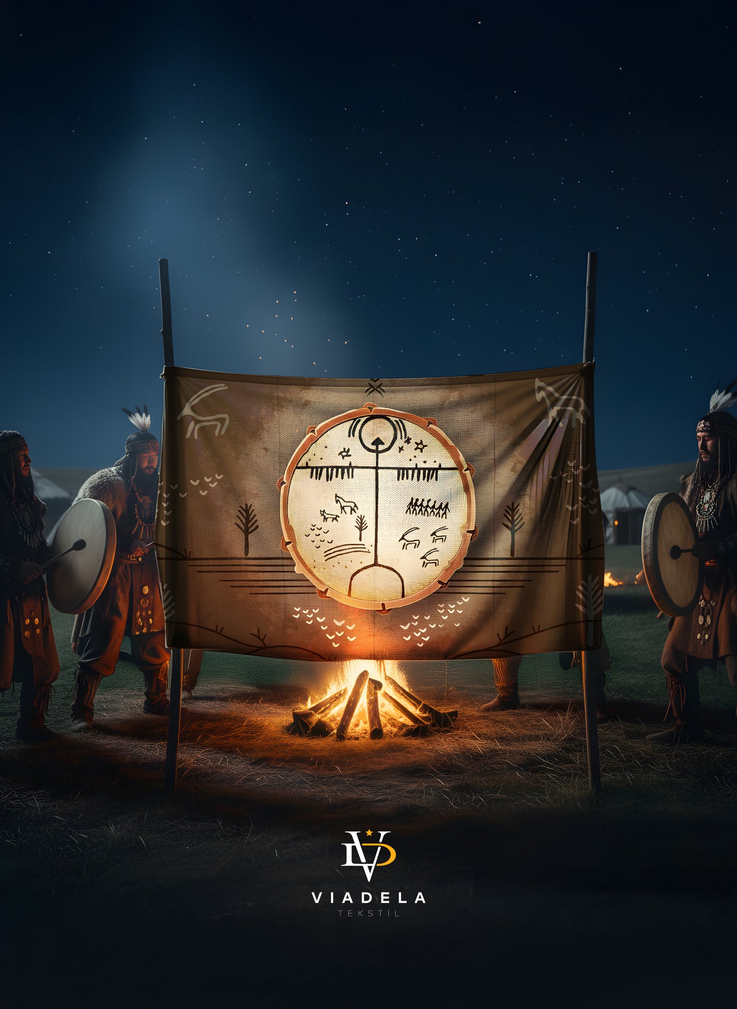 Antik Türk Kam Şaman Davulu Desenli Dekoratif Duvar Örtüsü