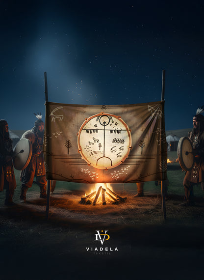 Antik Türk Kam Şaman Davulu Desenli Dekoratif Duvar Örtüsü