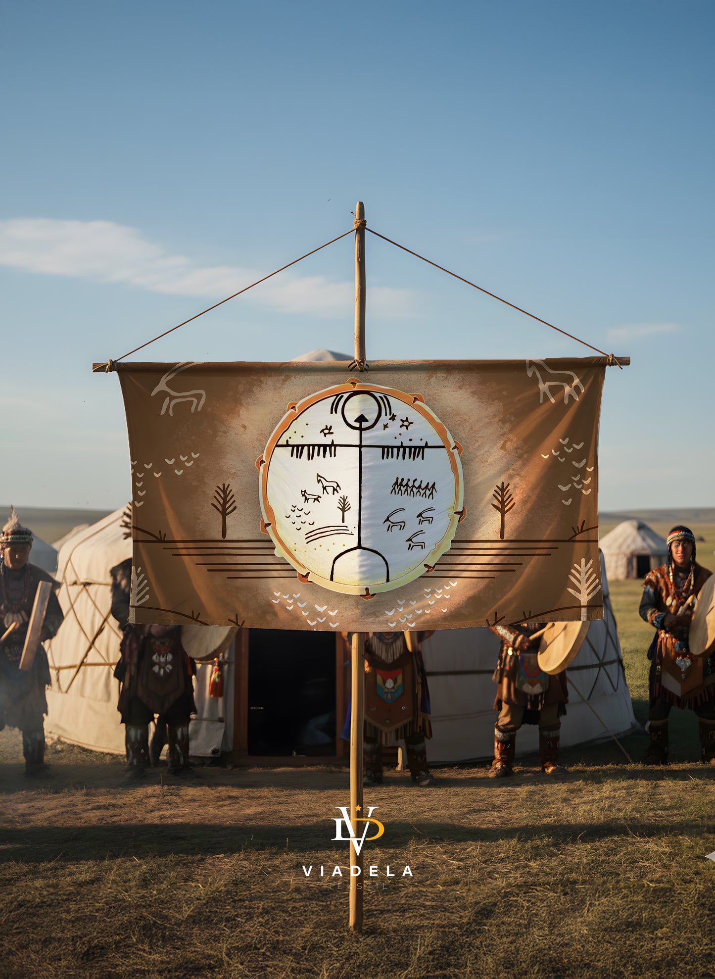 Antik Türk Kam Şaman Davulu Desenli Dekoratif Duvar Örtüsü