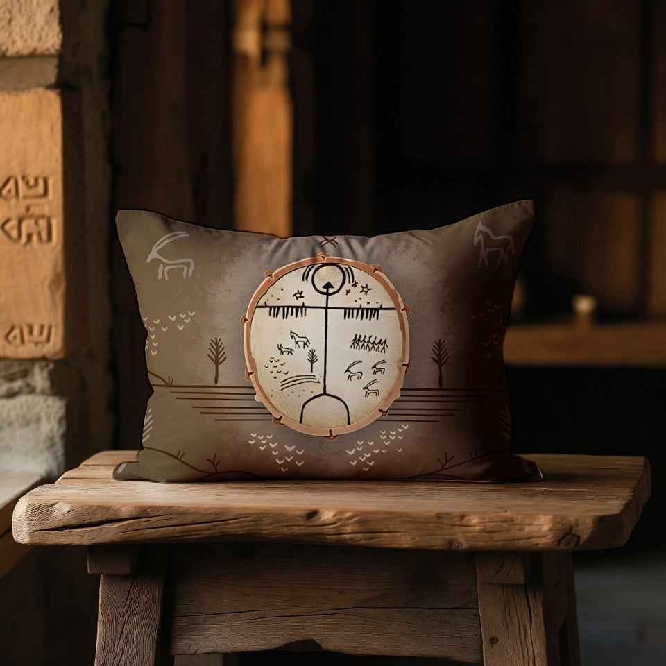 Antik Kam Şaman Davulu Desenli Yastık Kılıfı | 50x70 cm