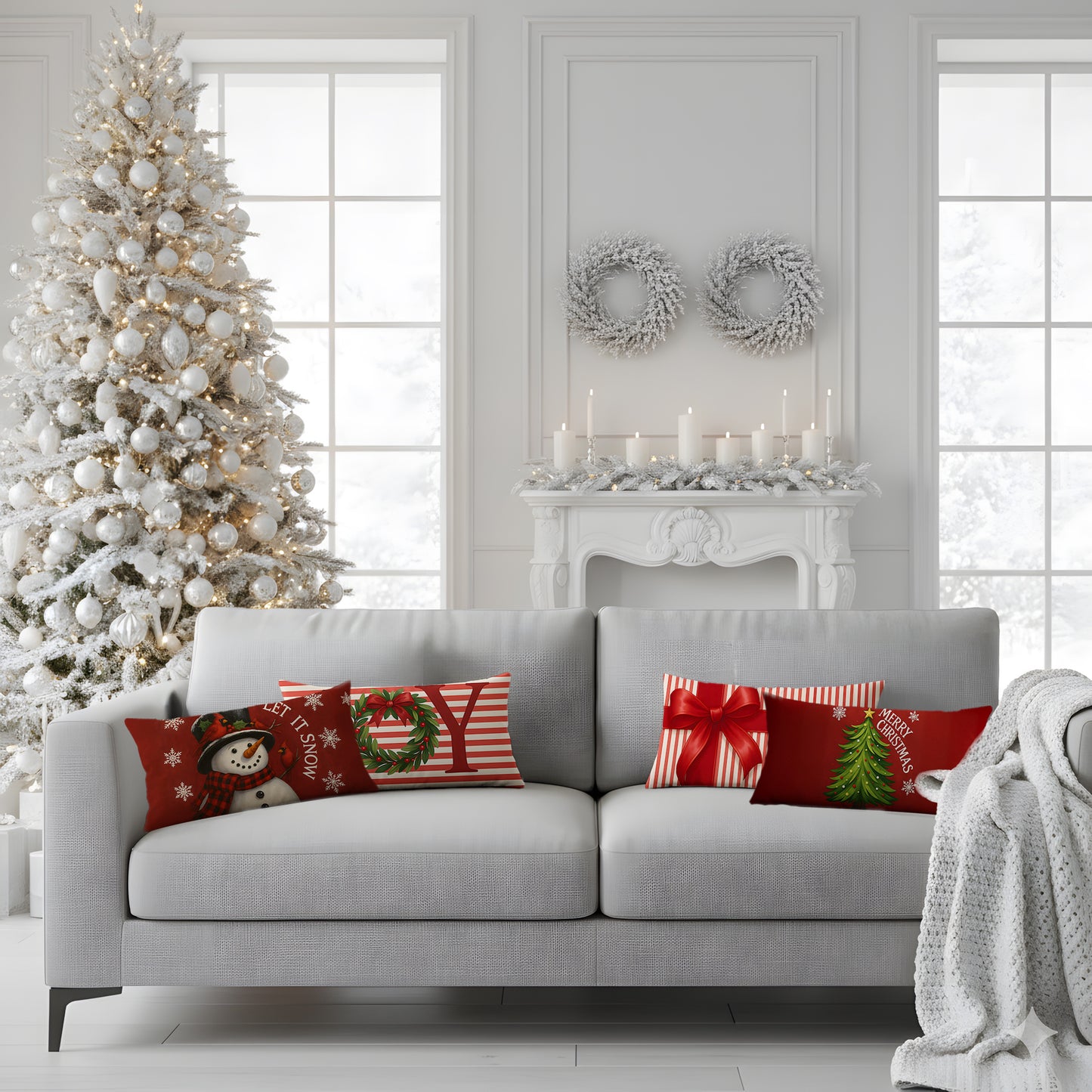 Yılbaşı Kırmızı Konseptli Christmas Yatay Kırlent Kılıfı 4'lü Set 50x30cm