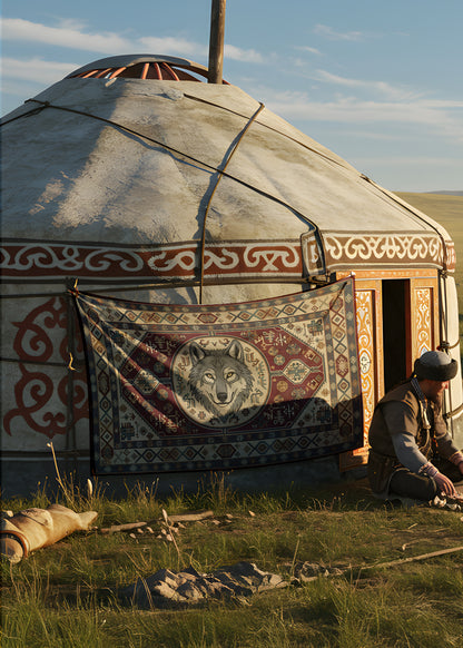 Orhun Motifli Kurt Figürlü Türk Kültürü Duvar Örtüsü