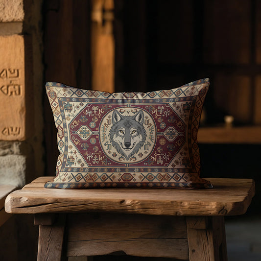 Orhun Motifli Kurt Figürlü Türk Kültürü Yastık Kılıfı | 50x70 cm