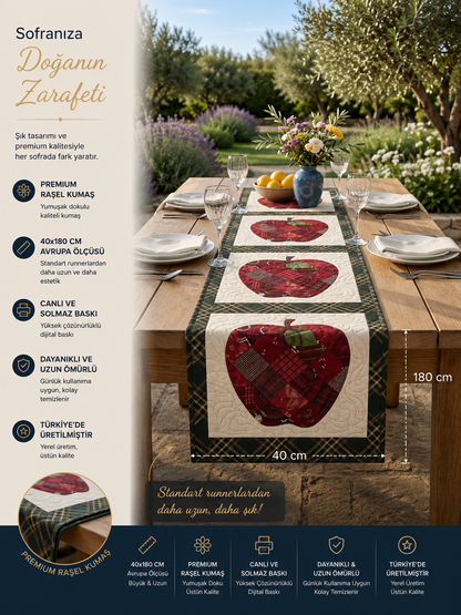Patchwork Elma Desenli Masa Runnerı 40x180 cm