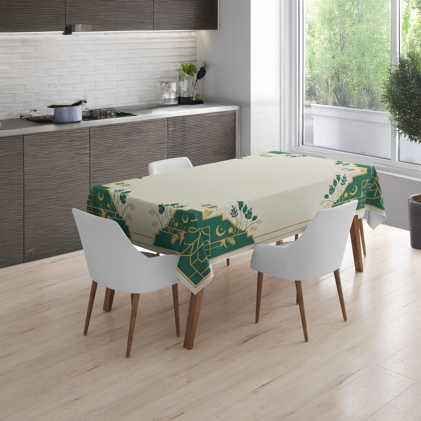 Geometrik Desenli Krem Konseptli Masa Örtüsü 150x220 cm – Silinebilir & Leke Tutmaz – Yakma Kenar