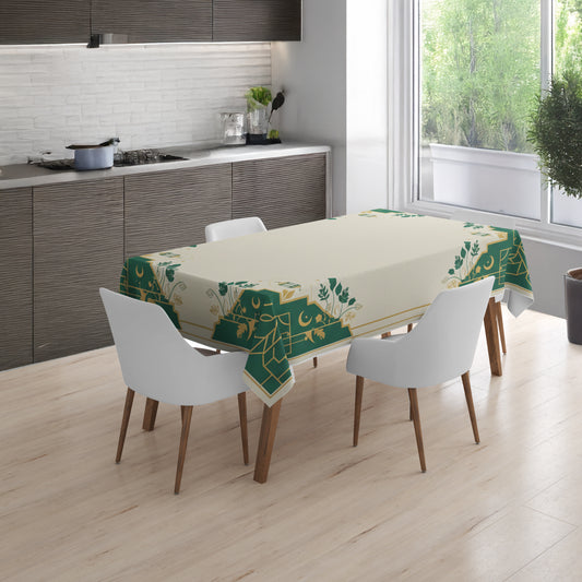 Geometrik Desenli Krem Konseptli Masa Örtüsü 150x220 cm – Silinebilir & Leke Tutmaz – Yakma Kenar